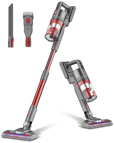 Fykee Cordless Vacuum Cleaner, Cordless Vacuum and 80,000 PRM Brushless Motor, Stick Vacuum Cleaner with Large Detachable Battery up to 35 mins Run Time (Grey Red)